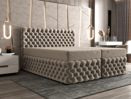 Ekskluzywne Pikowane Łóżko 140x200 Kontynentalne Styl Chesterfield + 2 Pojemniki Na Pościel + 2 Materace Bonell - Wybór Kolorów - AMORE