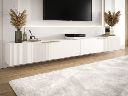 Biały Zestaw Szafek RTV 300 CM Meblościanka Nowoczesna Wisząca Meble Modułowe Do Salonu+ Fronty Frezowane Lakierowane MDF 18 MM + Wybór Wzorów CAPRI