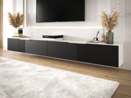 Zestaw RTV Z Lamelami 220 CM - Meblościanka Wisząca - Szafki Modułowe + Fronty Frezowane Lakierowane CAPRI - OFERTA MAGAZYNOWA - WYSYŁKA 24H