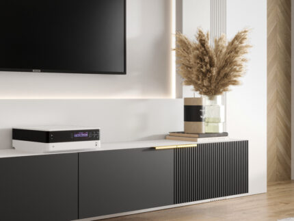 Zestaw RTV Z Lamelami 220 CM - Meblościanka Wisząca - Szafki Modułowe + Fronty Frezowane Lakierowane CAPRI - OFERTA MAGAZYNOWA - WYSYŁKA 24H