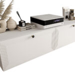 Szafki RTV Białe 110 CM Wiszące 2 Sztuki Modułowe + Fronty Frezowane Lakierowane MDF - EVORA - OFERTA MAGAZYNOWA - WYSYŁKA 24H