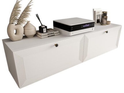 Szafki RTV Białe 190 CM Wiszące 2 Sztuki Modułowe + Fronty Frezowane Lakierowane MDF - EVORA - OFERTA MAGAZYNOWA - WYSYŁKA 24H