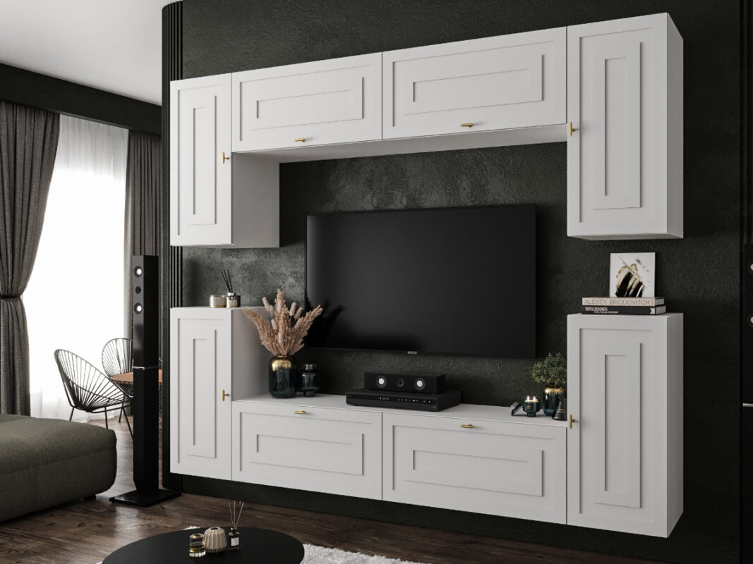 Biała Meblościanka Nowoczesna Zestaw Szafek RTV Do Salonu 220X180X35 CM + Fronty Frezowane Malowane MDF 18 MM + Wybór Wzorów LUIZJANA