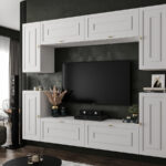 Biała Meblościanka Nowoczesna Zestaw Szafek RTV Do Salonu 220X180X35 CM + Fronty Frezowane Malowane MDF 18 MM + Wybór Wzorów LUIZJANA