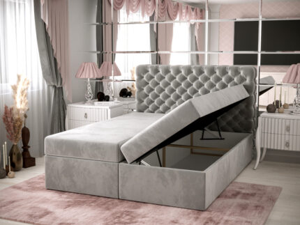 Pikowane Łóżko Kontynentalne 180x200 Styl Chesterfield + 2 Pojemniki Na Pościel + 2 Materace Bonell - Wybór Kolorów - SEMPRE