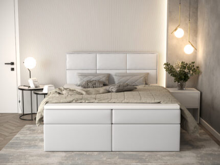 Komfortowe Łóżko Kontynentalne 140x200 + Duże Panele Jako Oparcie + 2 Pojemniki Na Pościel + 2 Materace Bonell - Wybór Kolorów - MILTON