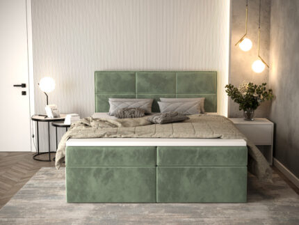 Komfortowe Łóżko Kontynentalne 160x200 + Duże Panele Jako Oparcie + 2 Pojemniki Na Pościel + 2 Materace Bonell - Wybór Kolorów - MILTON