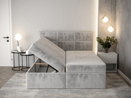 Komfortowe Łóżko Kontynentalne 180x200 + Duże Panele Jako Oparcie + 2 Pojemniki Na Pościel + 2 Materace Bonell - Wybór Kolorów - MILTON