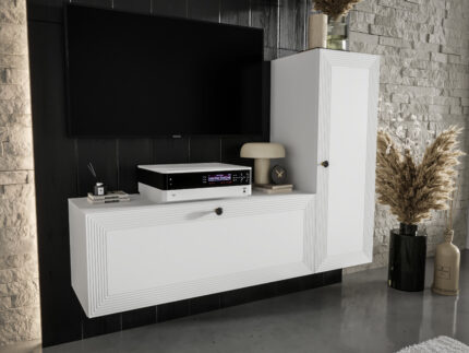 Mała Meblościanka RTV 130 CM - Białe Szafki Modułowe Wiszące + Fronty Frezowane Lakierowane + Cichy Domyk + Wybór Wzorów MERIDA