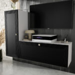 Mała Meblościanka RTV 130 CM - Białe Szafki Modułowe Wiszące + Fronty Frezowane Lakierowane + Cichy Domyk + Wybór Wzorów MERIDA