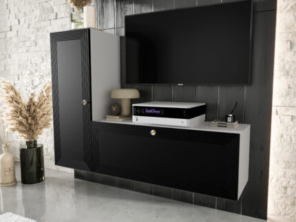 Mała Meblościanka RTV 130 CM - Białe Szafki Modułowe Wiszące + Fronty Frezowane Lakierowane + Cichy Domyk + Wybór Wzorów MERIDA