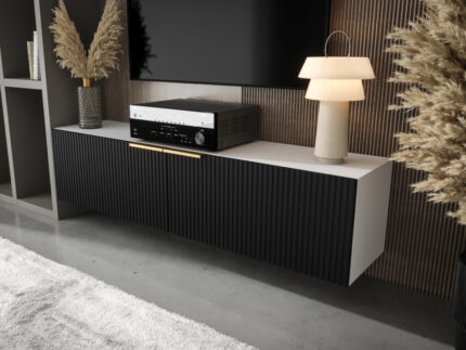 Mały Zestaw RTV Biało Czarny150 CM Meblościanka Nowoczesna Meble RTV Szafki Modułowe Do Salonu+ Fronty Frezowane Lakierowane MDF 18 MM + Wybór Wzorów BUDAPEST