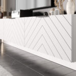 Białe Meble RTV 225 CM - Nowoczesna Meblościanka - Szafki Modułowe Wiszące + Fronty Frezowane Jodełki MDF 18 MM + Cichy Domyk MONACO