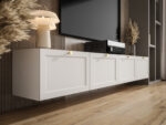 Designerska Meblościanka RTV 220 CM - Biały Zestaw Szafek Modułowych Wiszących + Fronty Frezowane Lakierowane + Wybór Wzorów OSLO
