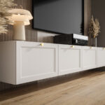 Designerska Meblościanka RTV 220 CM - Biały Zestaw Szafek Modułowych Wiszących + Fronty Frezowane Lakierowane + Wybór Wzorów OSLO