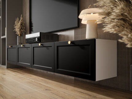 Designerska Meblościanka RTV 220 CM - Biały Zestaw Szafek Modułowych Wiszących + Fronty Frezowane Lakierowane + Wybór Wzorów OSLO