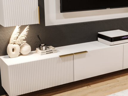 Nowoczesna Meblościanka RTV 300 CM Z Lamelami - Szafki Modułowe Wiszące - Zestaw Mebli Salonowych + Fronty Frezowane Lakierowane MDF 18 MM + Wybór Wzorów TOKYO