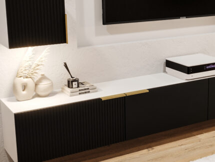 Nowoczesna Meblościanka RTV 300 CM Z Lamelami - Szafki Modułowe Wiszące - Zestaw Mebli Salonowych + Fronty Frezowane Lakierowane MDF 18 MM + Wybór Wzorów TOKYO