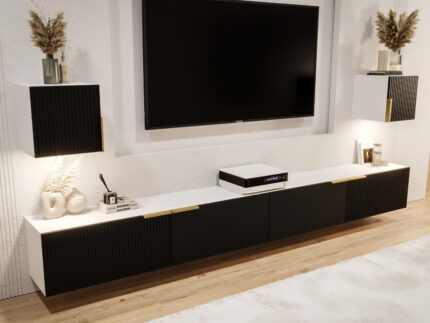 Nowoczesna Meblościanka RTV 300 CM Z Lamelami - Szafki Modułowe Wiszące - Zestaw Mebli Salonowych + Fronty Frezowane Lakierowane MDF 18 MM + Wybór Wzorów TOKYO