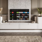 Meblościanka Biała RTV Zestaw Szafek Do Salonu 300X75X35 CM + Fronty Frezowane Malowane MDF 18 MM BOSTON