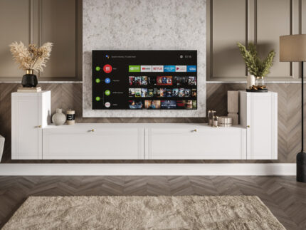 Meblościanka Biała RTV Zestaw Szafek Do Salonu 300X75X35 CM + Fronty Frezowane Malowane MDF 18 MM BOSTON