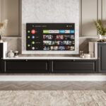 Nowoczesne Meble RTV - Meblościanka Biało Czarna Zestaw Szafek Do Salonu 300X75X35 CM + Fronty Frezowane Malowane MDF 18 MM BOSTON