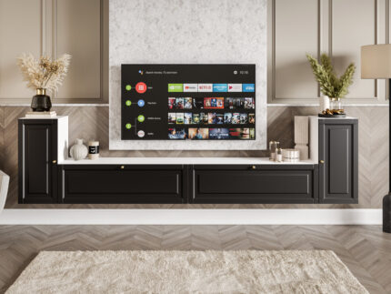 Nowoczesne Meble RTV - Meblościanka Biało Czarna Zestaw Szafek Do Salonu 300X75X35 CM + Fronty Frezowane Malowane MDF 18 MM BOSTON