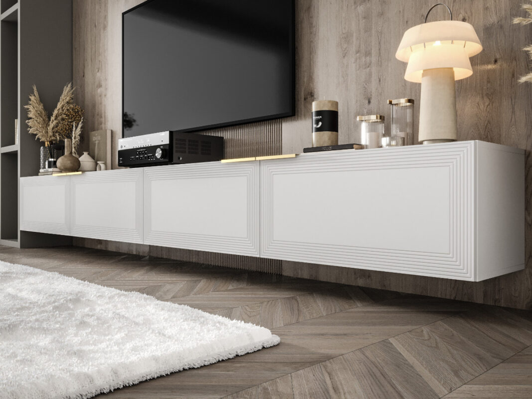 Biała Meblościanka Modułowa 300 CM - Szafki RTV Białe - Zestaw Mebli Salonowych + Fronty Frezowane Lakierowane MDF 18 MM + Wybór Wzorów FARO