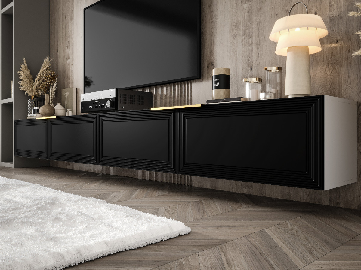 mebloscianka-modulowa-rtv-300-designerskie-meble-do-salonu-nowoczesny-zestaw-szafki-rtv-szafki-wiszace-biale-czarne-fronty-mdf-frezowane-lakierowane-designerska-mebloscianka-FARO-a Meblościanka Modułowa 300 CM - Szafki RTV Białe - Zestaw Mebli Salonowych + Fronty Frezowane Lakierowane MDF 18 MM + Wybór Wzorów FARO