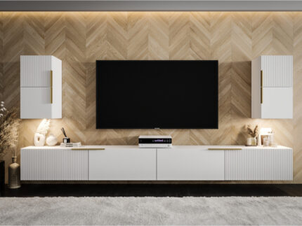 Biała Nowoczesna Meblościanka 300 CM - Szafki Modułowe RTV - Zestaw Mebli Salonowych + Fronty Frezowane Lakierowane MDF 18 MM + Wybór Wzorów LUKKA