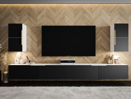 Nowoczesna Meblościanka 300 CM - Szafki Modułowe RTV - Zestaw Mebli Salonowych + Fronty Frezowane Lakierowane MDF 18 MM + Wybór Wzorów LUKKA