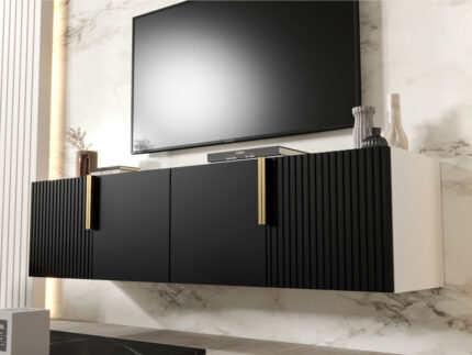 Zestaw RTV Z Lamelami 140 CM - Szafki Wiszące Modułowe + Fronty Frezowane Lakierowane MDF - CAMBRIDGE - OFERTA MAGAZYNOWA - WYSYŁKA 24H