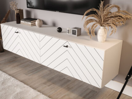 Meble RTV 150 CM - 2 Szafki Wiszące Modułowe + Fronty Frezowane W Styl Jodełki - RIO - OFERTA MAGAZYNOWA - WYSYŁKA 24H