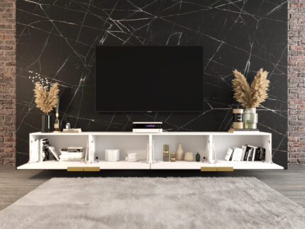 Meble RTV Z Lamelami 300 CM Nowoczesna Meblościanka - Szafki Modułowe Wiszące Zestaw + Fronty Frezowane Lakierowane MDF 18 MM + Wybór Wzorów CORDOBA