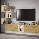 Zestaw Mebli RTV 220 CM Nowoczesna Meblościanka - Szafki Modułowe Wiszące + Fronty Frezowane Jodełki MDF 18 MM + Wybór Kolorów MALTA