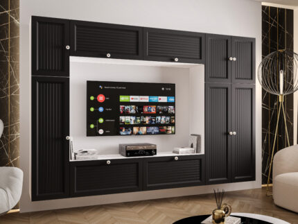 Duży Zestaw RTV Meblościanka Z Szafą 255X170X35 CM - Opcja Własnej Konfiguracji - Fronty Frezowane MDF 18 MM PRAGA