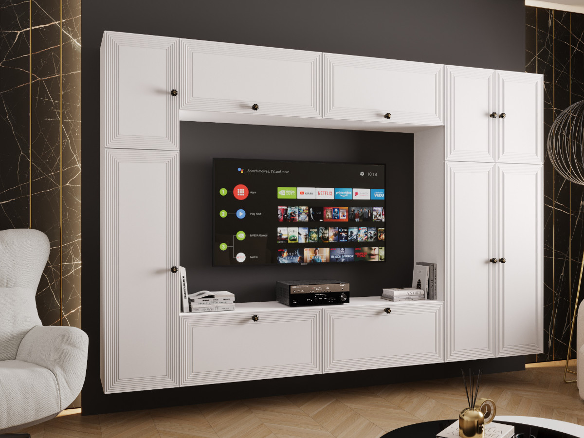 mebloscianka-z-szafa-duzy-zestaw-fornirowane-meble-rtv-frezowane-fronty-lakierowane-bialy-czarny-PRAGA-7 Duża Meblościanka Z Szafą Zestaw Szafek Wiszących RTV 255X170X35 CM - Opcja Własnej Konfiguracji - Fronty Frezowane MDF 18 MM PRAGA