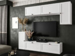 Biały Zestaw Mebli RTV Meblościanka Nowoczesna Do Salonu 200X180X35 CM + Fronty Frezowane Malowane MDF 18 MM + Wybór Wzorów NEVADA