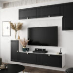 Nowoczesny Zestaw Mebli RTV Meblościanka Wisząca Do Salonu Biało Czarna 200X180X35 CM + Fronty Frezowane Malowane MDF 18 MM + Wybór Wzorów NEVADA