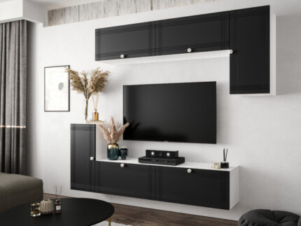 Nowoczesny Zestaw Mebli RTV Meblościanka Wisząca Do Salonu Biało Czarna 200X180X35 CM + Fronty Frezowane Malowane MDF 18 MM + Wybór Wzorów NEVADA
