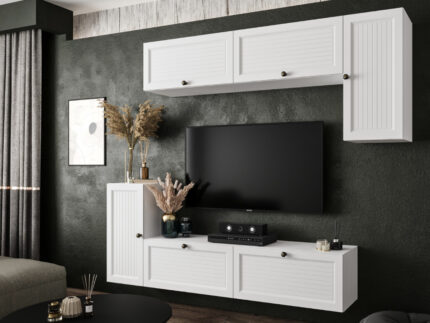 Biały Zestaw Mebli RTV Meblościanka Nowoczesna Do Salonu 200X180X35 CM + Fronty Frezowane Malowane MDF 18 MM + Wybór Wzorów NEVADA