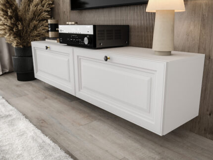 Biały Zestaw RTV 150 CM - Nowoczesna Meblościanka - Szafki Modułowe Wiszące + Fronty Frezowane Lakierowane + Cichy Domyk + Wybór Wzorów MALAGA