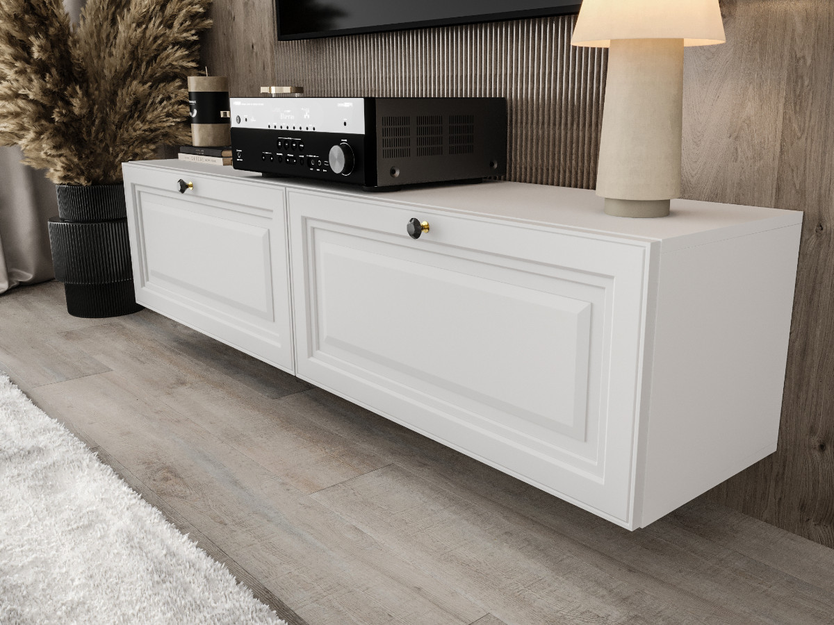 nowoczesna-mala-mebloscianka-150-modulowa-biala-czarna-wiszaca-lakierowane-fronty-mdf-designerskie-meble-do-salonu-MALAGA Biały Zestaw RTV 150 CM - Nowoczesna Meblościanka - Szafki Modułowe Wiszące + Fronty Frezowane Lakierowane + Cichy Domyk + Wybór Wzorów MALAGA