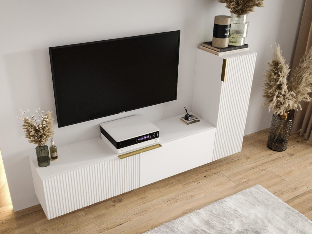 Biała Meblościanka Z Lamelami 185 CM - Zestaw RTV - Szafki Modułowe Wiszące + Fronty Frezowane Lakierowane + Cichy Domyk + Wybór Wzorów MARSALA