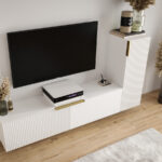 Biała Meblościanka Z Lamelami 185 CM - Zestaw RTV - Szafki Modułowe Wiszące + Fronty Frezowane Lakierowane + Cichy Domyk + Wybór Wzorów MARSALA