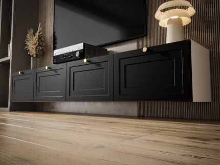 Zestaw RTV 220 CM - Nowoczesna Meblościanka - Szafki Modułowe Wiszące + Fronty Frezowane Lakierowane MDF 18 MM + Wybór Wzorów MADRYT