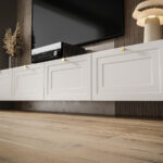 Biały Zestaw RTV 220 CM - Nowoczesna Meblościanka - Szafki Modułowe Wiszące + Fronty Frezowane Lakierowane MDF 18 MM + Wybór Wzorów MADRYT