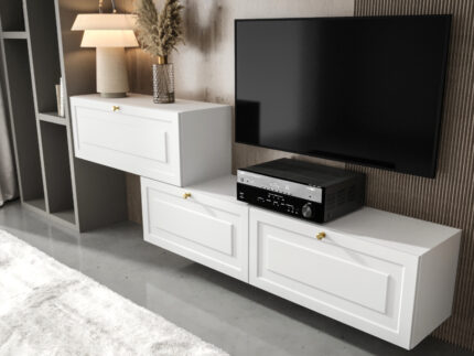 Białe Meble RTV 210 CM Meblościanka Nowoczesna Wisząca Szafki Modułowe Do Salonu+ Fronty Frezowane Lakierowane MDF 18 MM + Wybór Wzorów CORIA