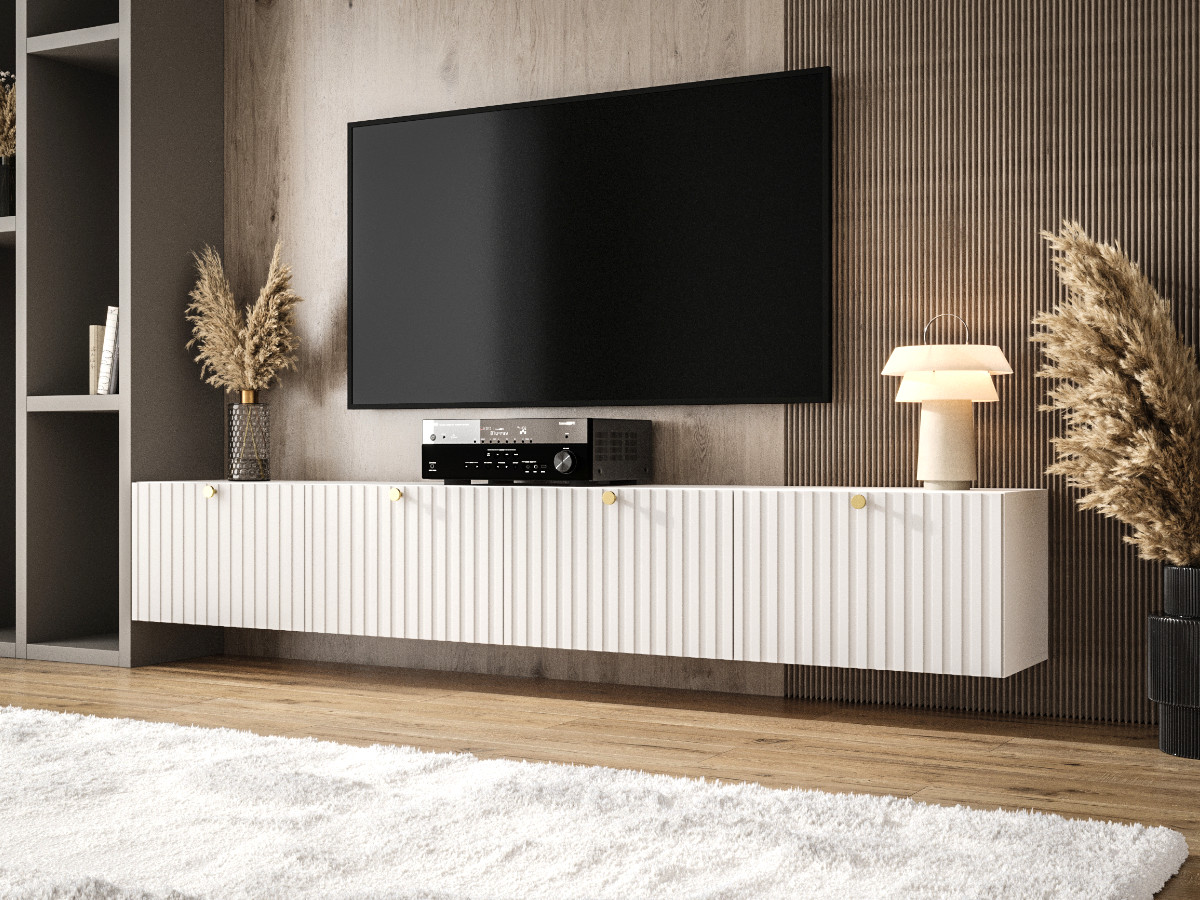 nowoczesny-zestaw-szafk-rtv-szafki-wiszace-biale-czarne-z-lamelami-fronty mdf-frezowane-lakierowane-designerska-mebloscianka-COMO Białe Meble RTV Z Lamelami 220 CM Meblościanka Nowoczesna Wisząca Szafki Modułowe Do Salonu+ Fronty Frezowane Lakierowane MDF 18 MM + Wybór Wzorów COMO