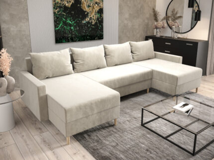 Duży Narożnik Rozkładany W Kształcie U 290x144 CM + Pojemnik Na Pościel + Sprężyna Bonell Pianka T30 + Wybór Kolorów - HAMPTON